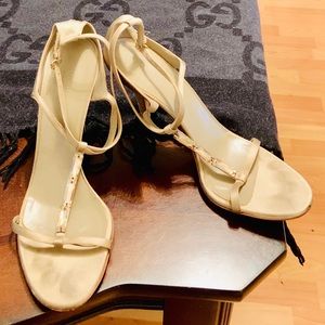 Gucci gold jewel open toe stiletto Sz 11 Authentic